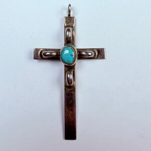 Native American Old Pawn Navajo Turquoise Sterling Silver VTG Cross 2.1" Pendant